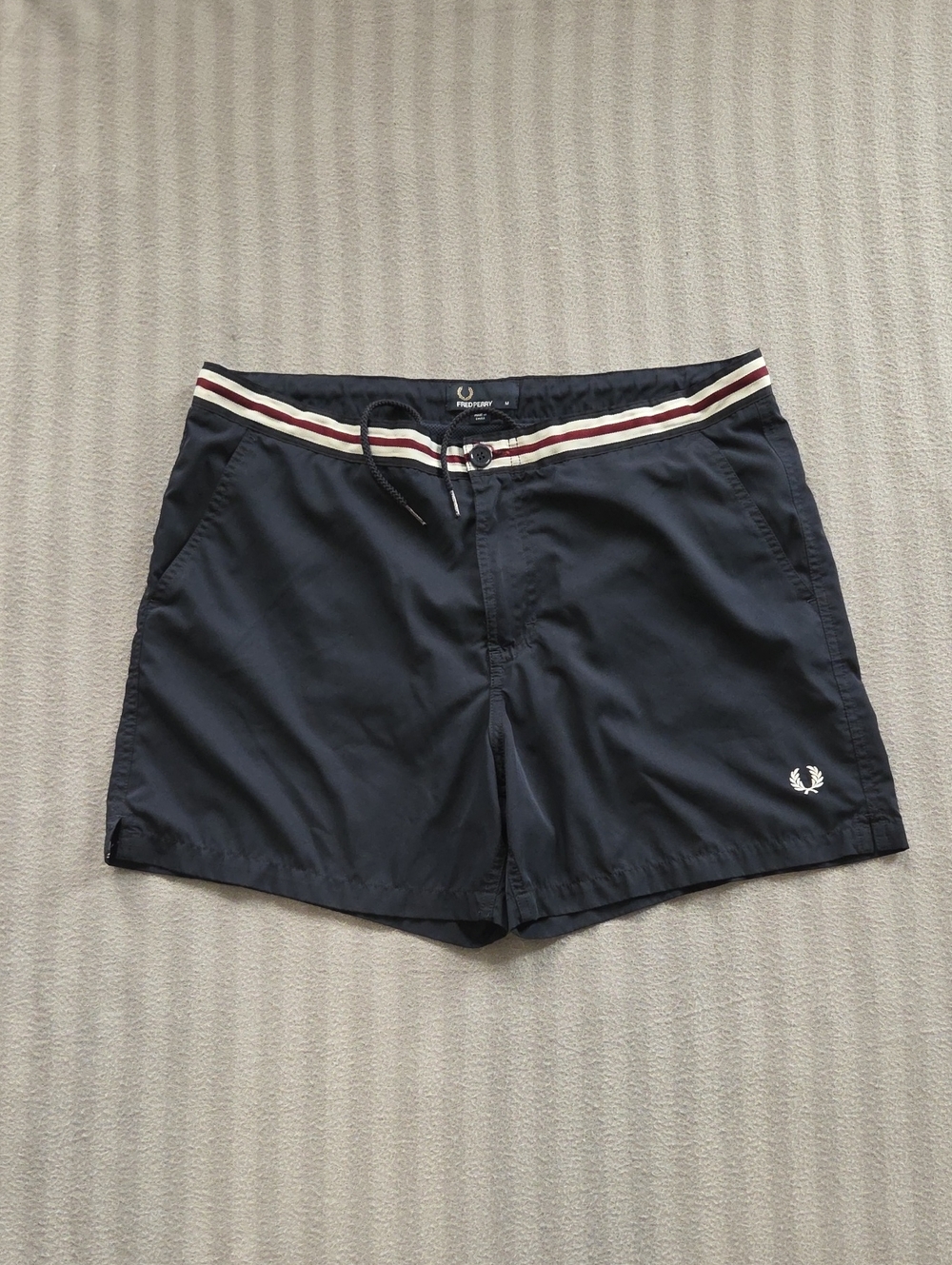 Fred Perry Navy Swim Trunks with White and Burgundy Waistband